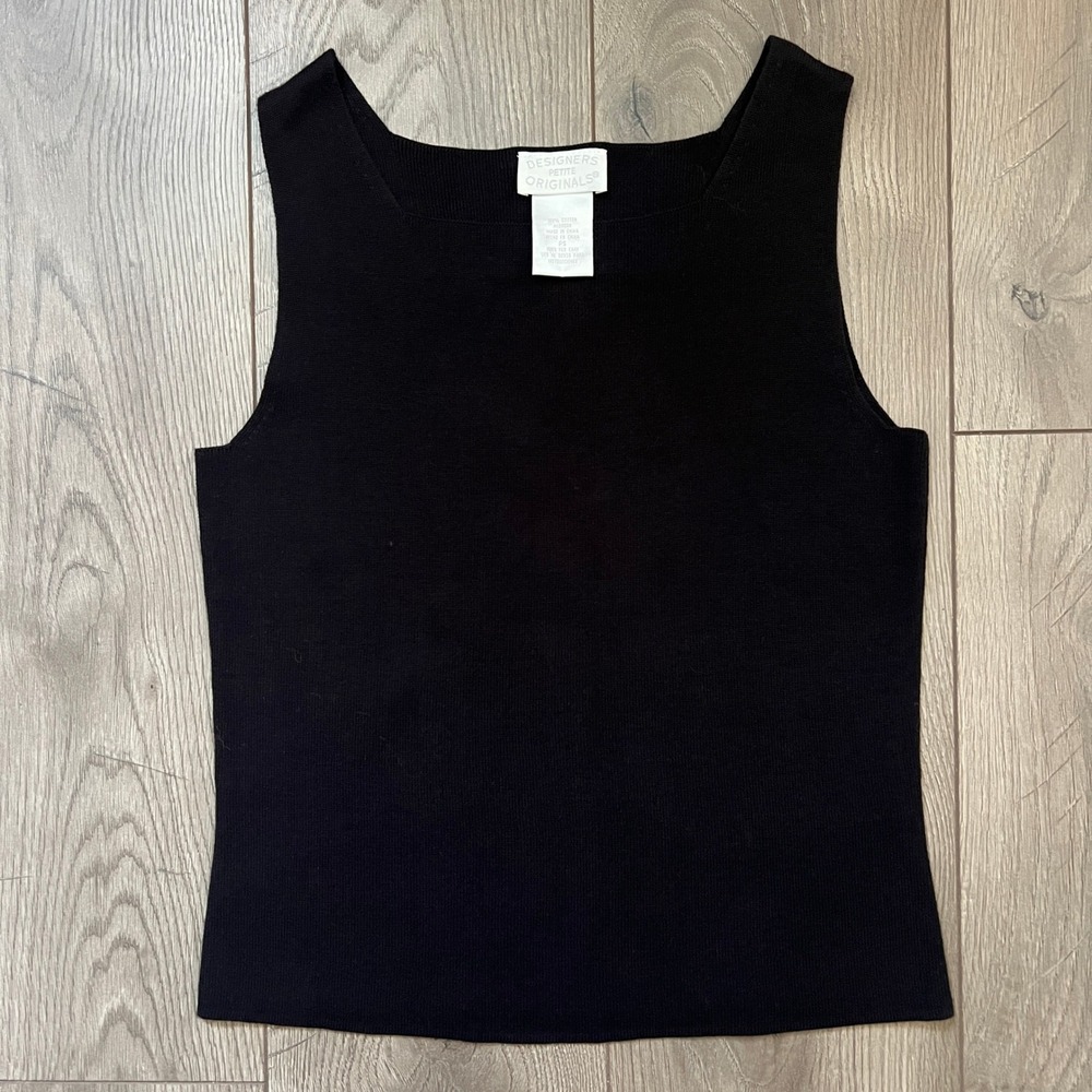 Designers Originals Petite Womens Black Knit Tank Top Square Neck Cotton PS